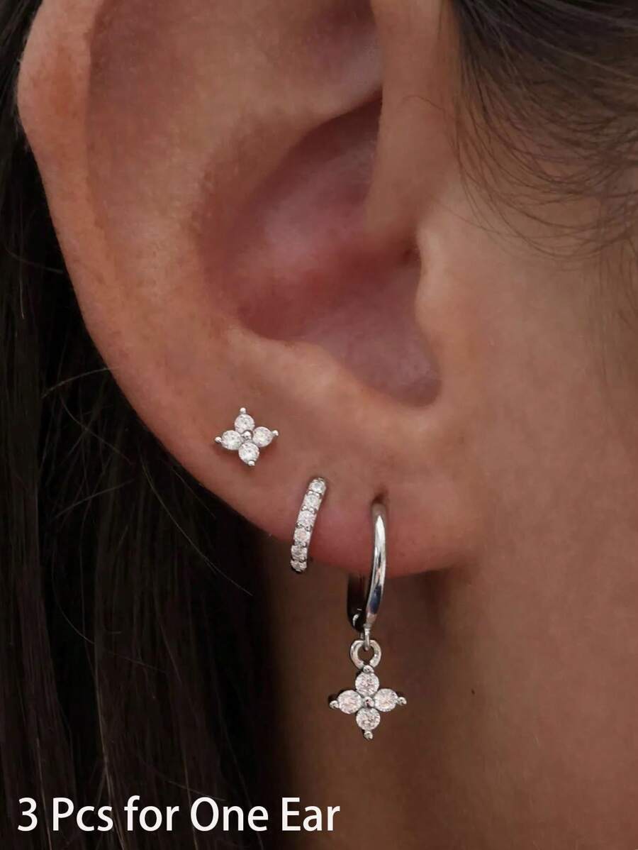 ジュエリー レディース イヤーアクセサリー 3個セット キュービックジルコニア フラワー フープピアス、繊細な小さなフープピアス拍卖