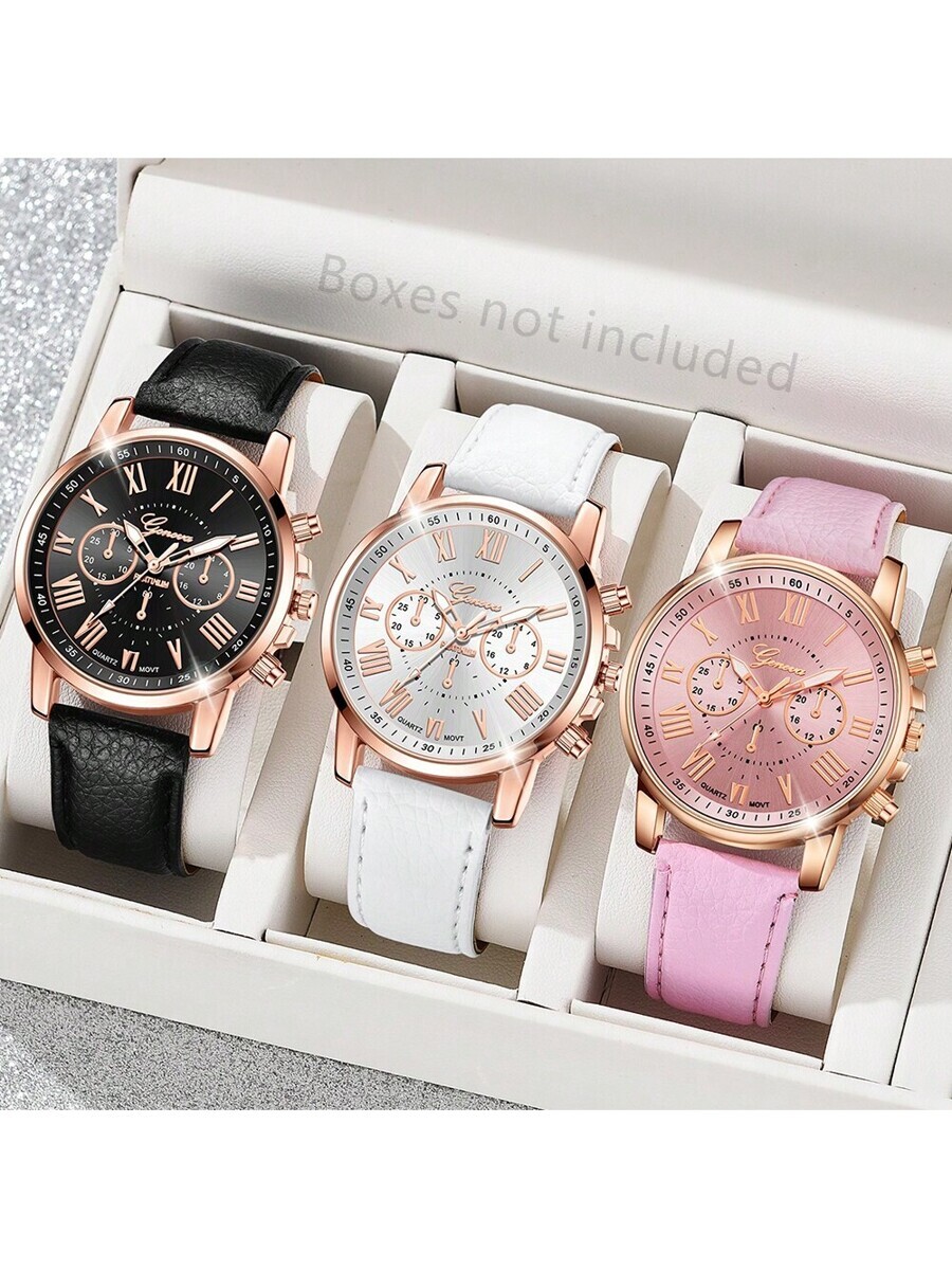 腕時計 レディース セット 3点セット レディース腕時計、エレガントな石英時計セット - ファッショナブルなローマ数字、PUレザー拍卖