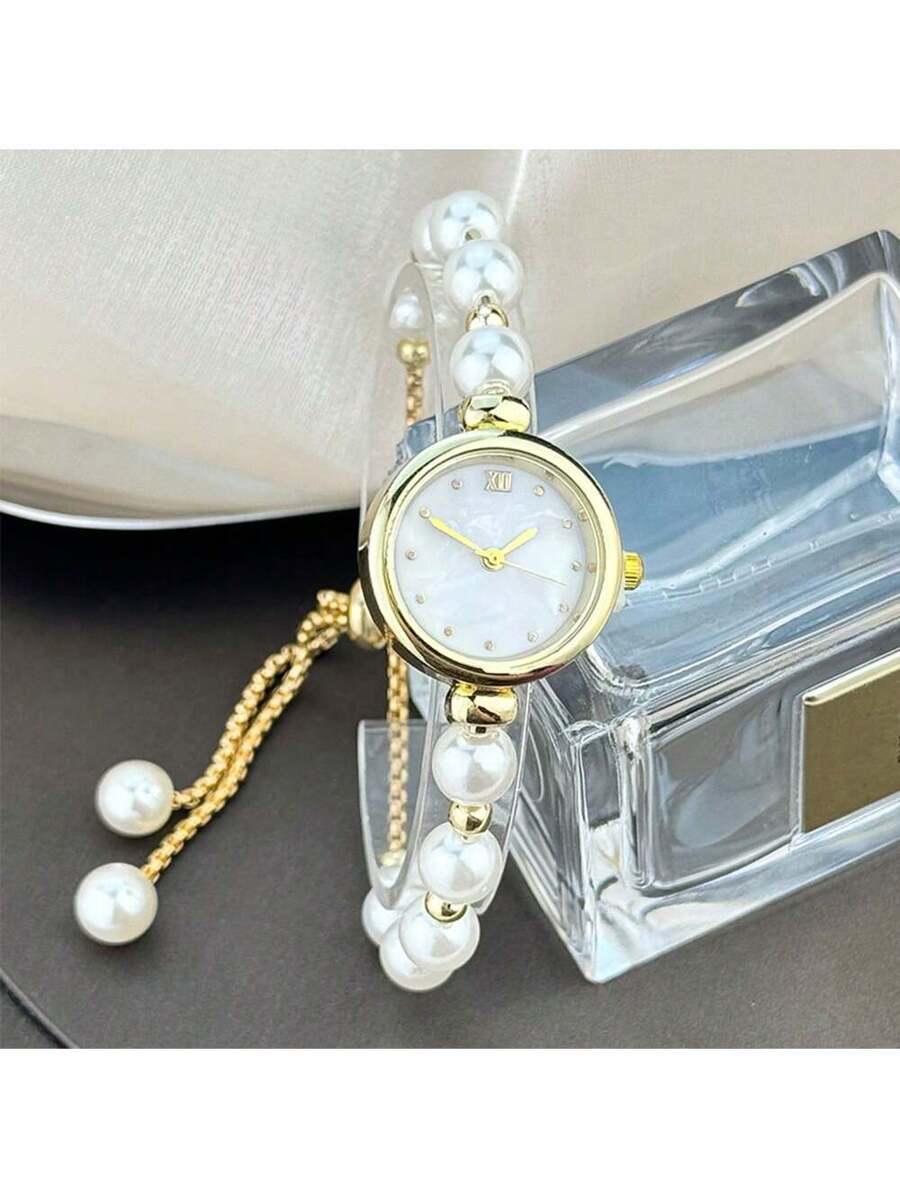 腕時計 レディース クォーツ 女性用レトラクタブルパールストラップオシャレなコンパクト丸形ケース ファッションアロイブレスレット腕拍卖