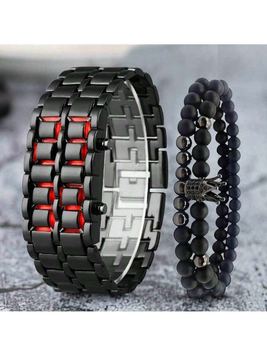 腕時計 メンズ デジタル 2個 メンズファッションステンレススチールバンド電子腕時計、日常着用と装飾に適しています拍卖