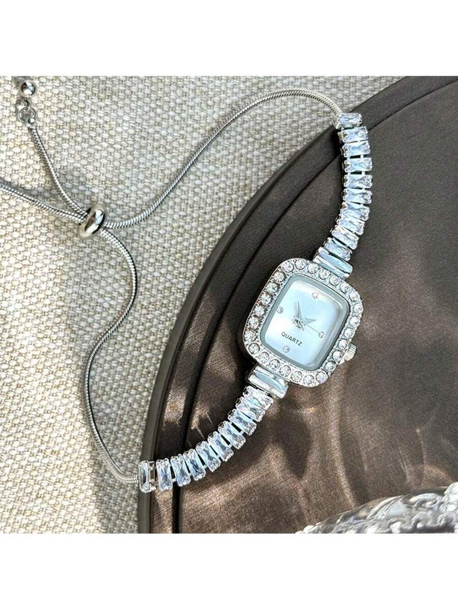 腕時計 レディース クォーツ 1個 長方形ジルコニアブレスレット腕時計、ラインストーン正方形ダイヤル クオーツ腕時計、エレガントな拍卖
