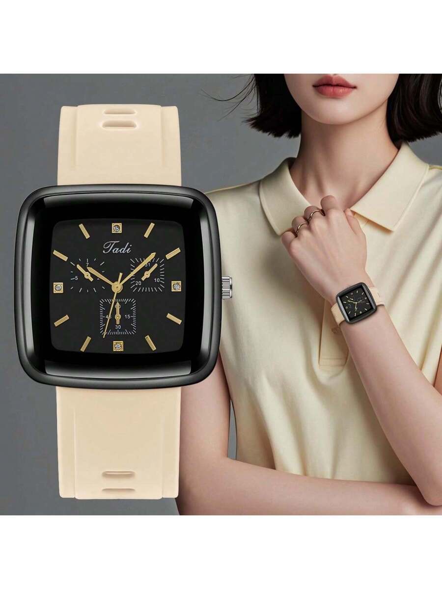 腕時計 レディース クォーツ 1個 ユニセックス スクエアケース カーキシリコンストラップ ファッション ビジネス クォーツ 腕時拍卖