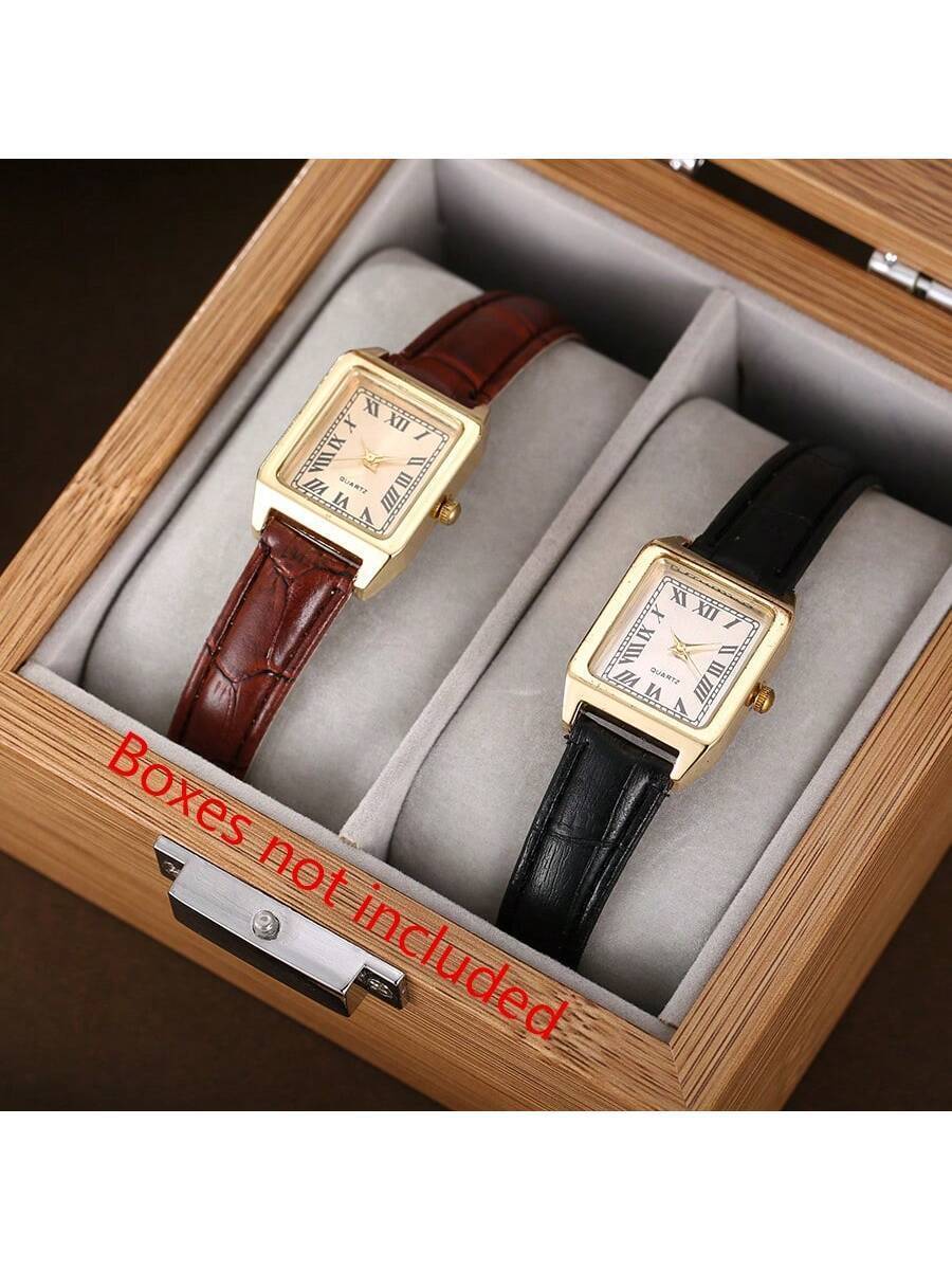 腕時計 レディース セット 高級ゴールド スクエア型のレディースウォッチ 2本セット、上質なレザーストラップ、ビジネスやレジャーに拍卖