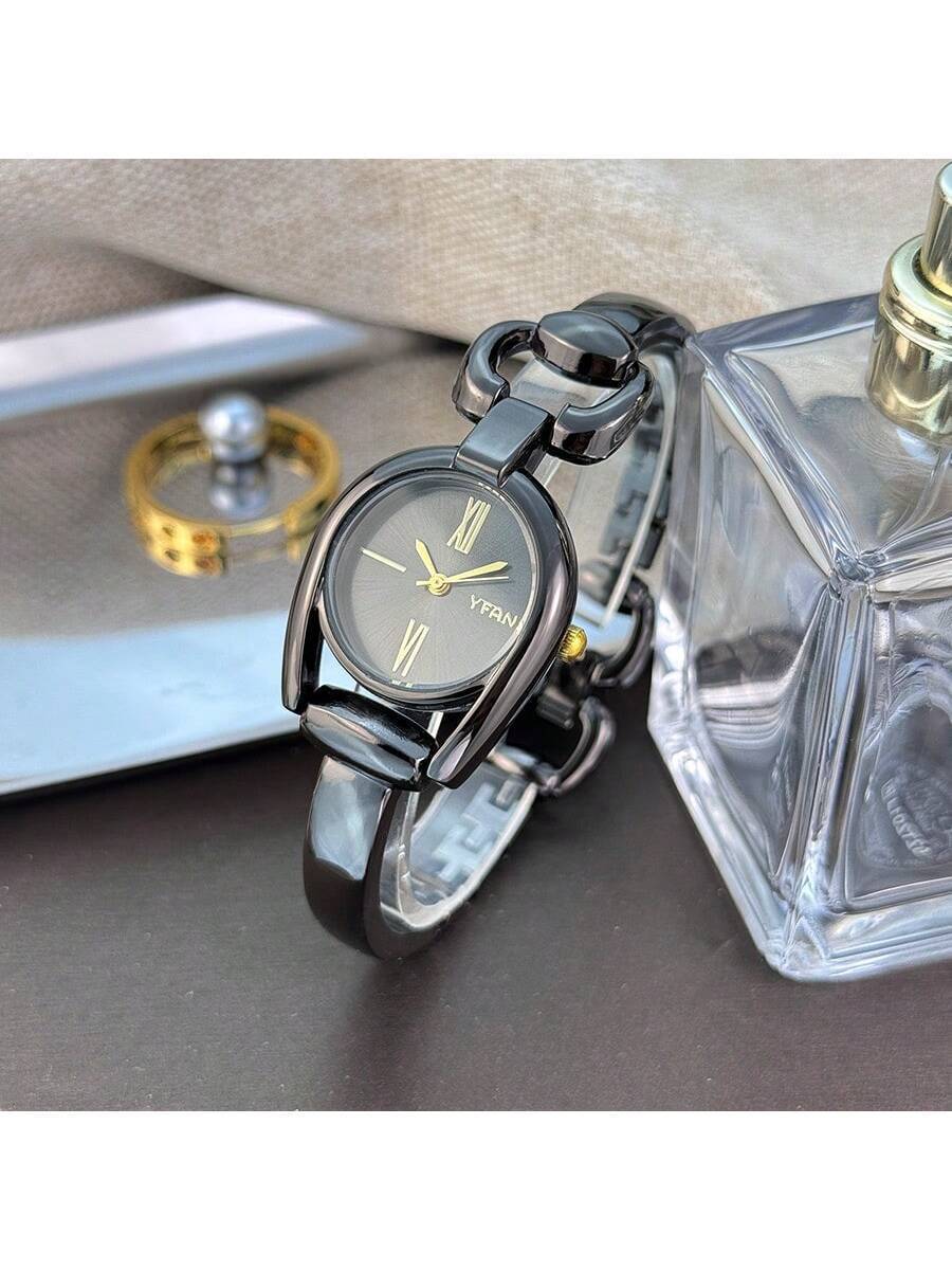 腕時計 レディース クォーツ 1個 女性用ミニマリスト ガンブラック馬蹄型ケース カラーダイヤル メタルアロイバンド クォーツ腕時拍卖