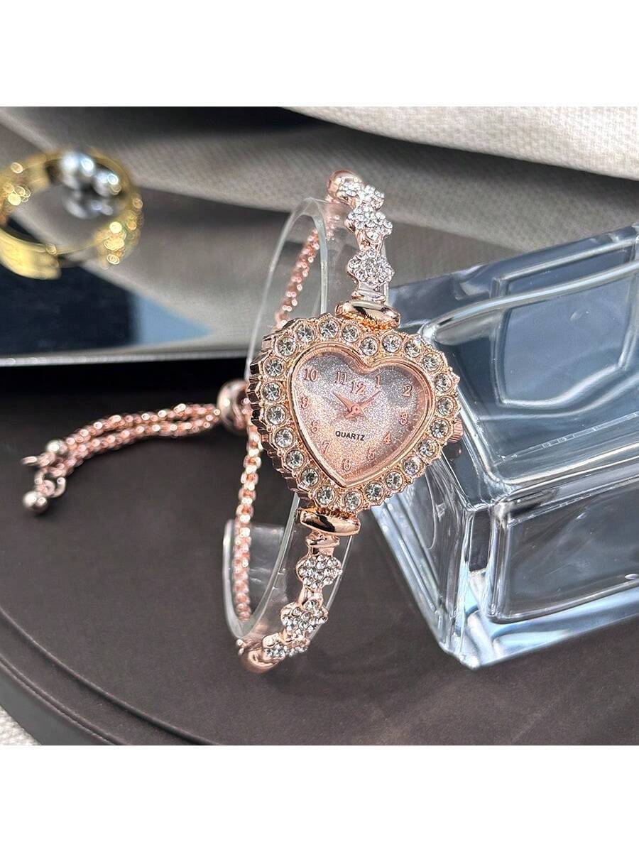 腕時計 レディース クォーツ 1個 女性用メタルチェーンブレスレット付き腕時計、ハート型ケース、アラビア数字ダイヤル クォーツ腕時拍卖