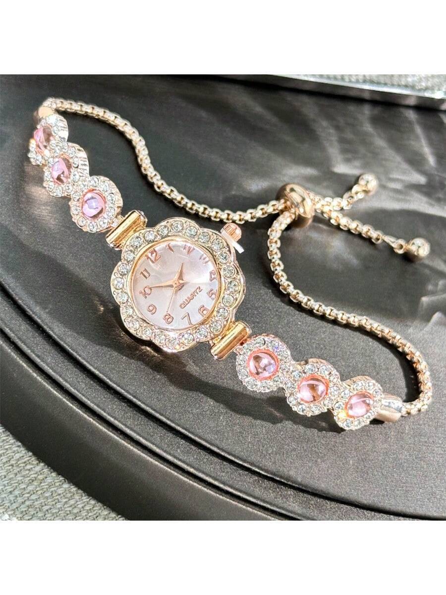 腕時計 レディース クォーツ 1個 レディース フラワー型クリスタル合金ケース アラビア数字ダイヤル カラービーズプルチェーンファ拍卖