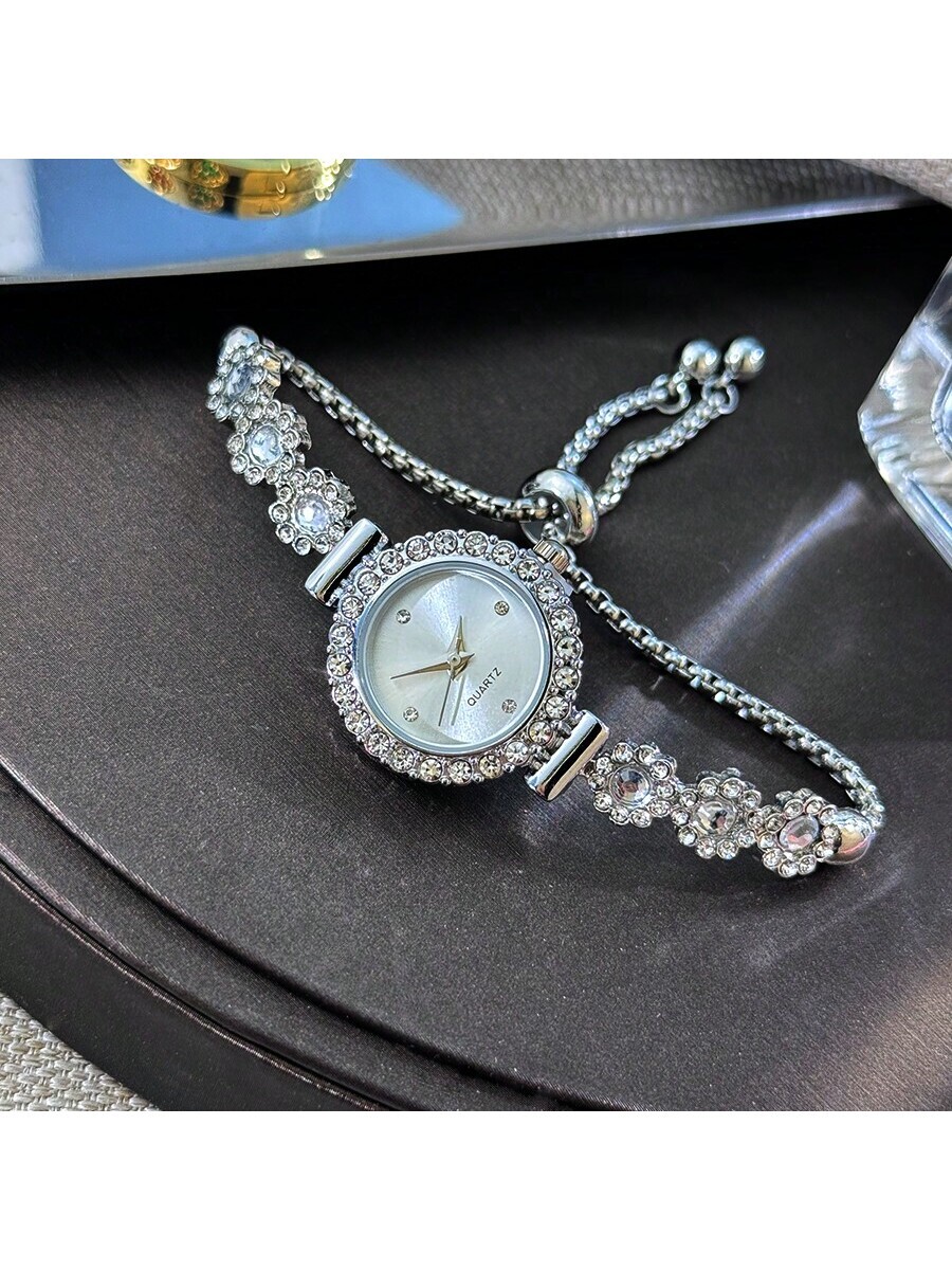 腕時計 レディース クォーツ 1個 レディース ラインストーン & ビーズ装飾 引き紐式 腕時計、クリスタルコーティングダイアル拍卖
