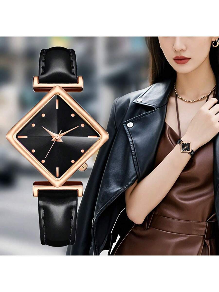 腕時計 レディース クォーツ 1個 女性用エレガントなファッション ダイヤモンド型合金ケースPUレザーバンド クォーツ腕時計拍卖