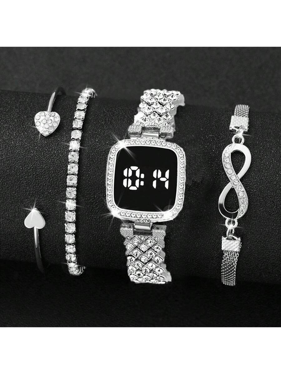 腕時計 レディース セット 4個セット レディース腕時計 ゴールドデジタルウォッチ ブレスレットプレゼント 日常装飾 休日拍卖