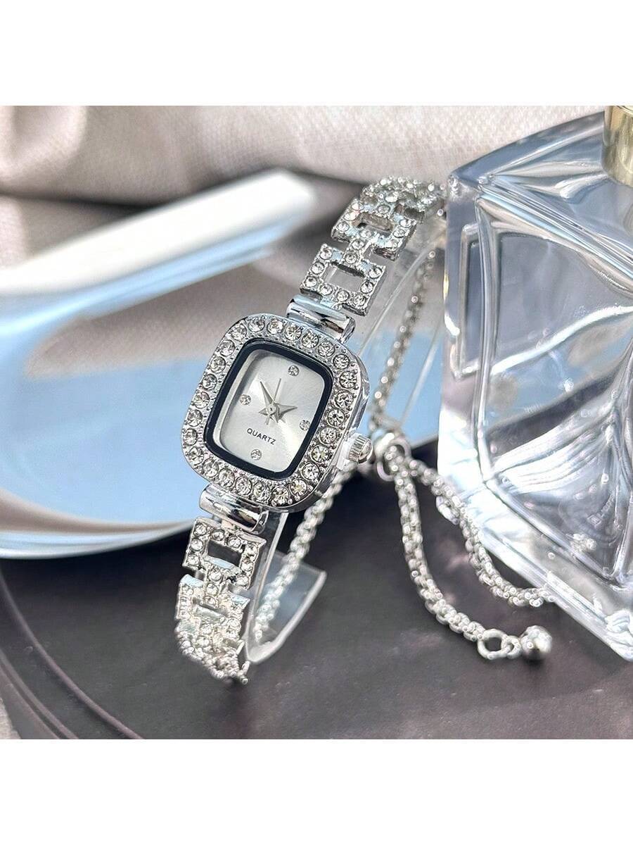 腕時計 レディース クォーツ 1個 レディース シルバー スクエアケース ウォッチ、ラインストーンダイヤル、ダイヤモンド装飾スクエ拍卖