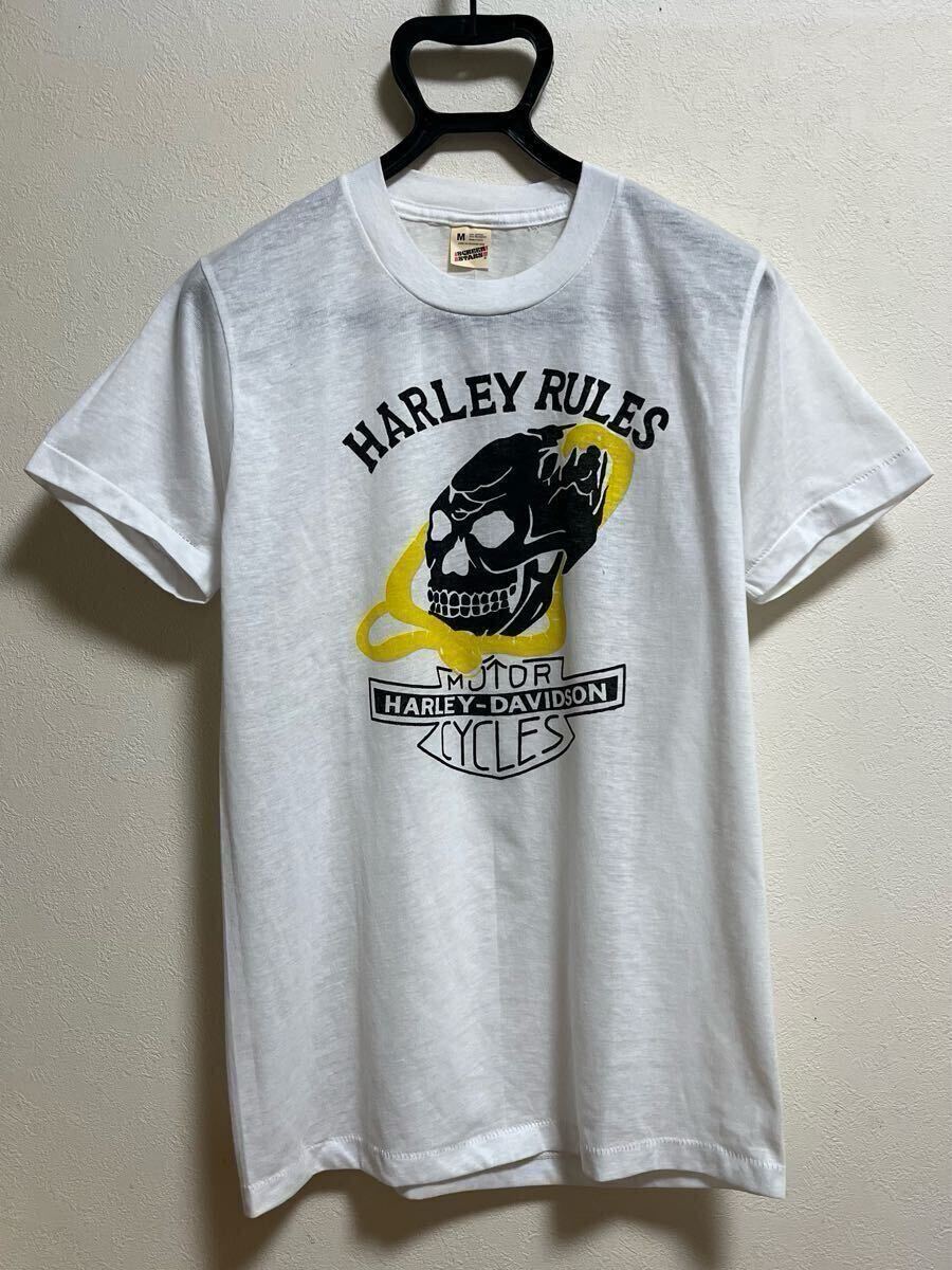 デッドストック 80s ハーレー Tシャツ M 白 HARLEY RULES スカル ドクロ SCREEN STARS 裾シングル バイカー 50s 60s 70s 90s ヴィンテージ拍卖