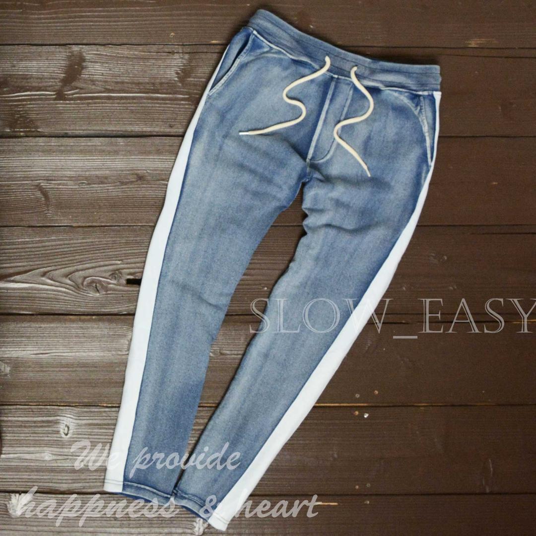 送料230■カットデニム サイドライン ジョガーパンツ 青/XXL スウェットパンツ リラックス ウェア ストレッチ 伸縮 大きいサイズ拍卖