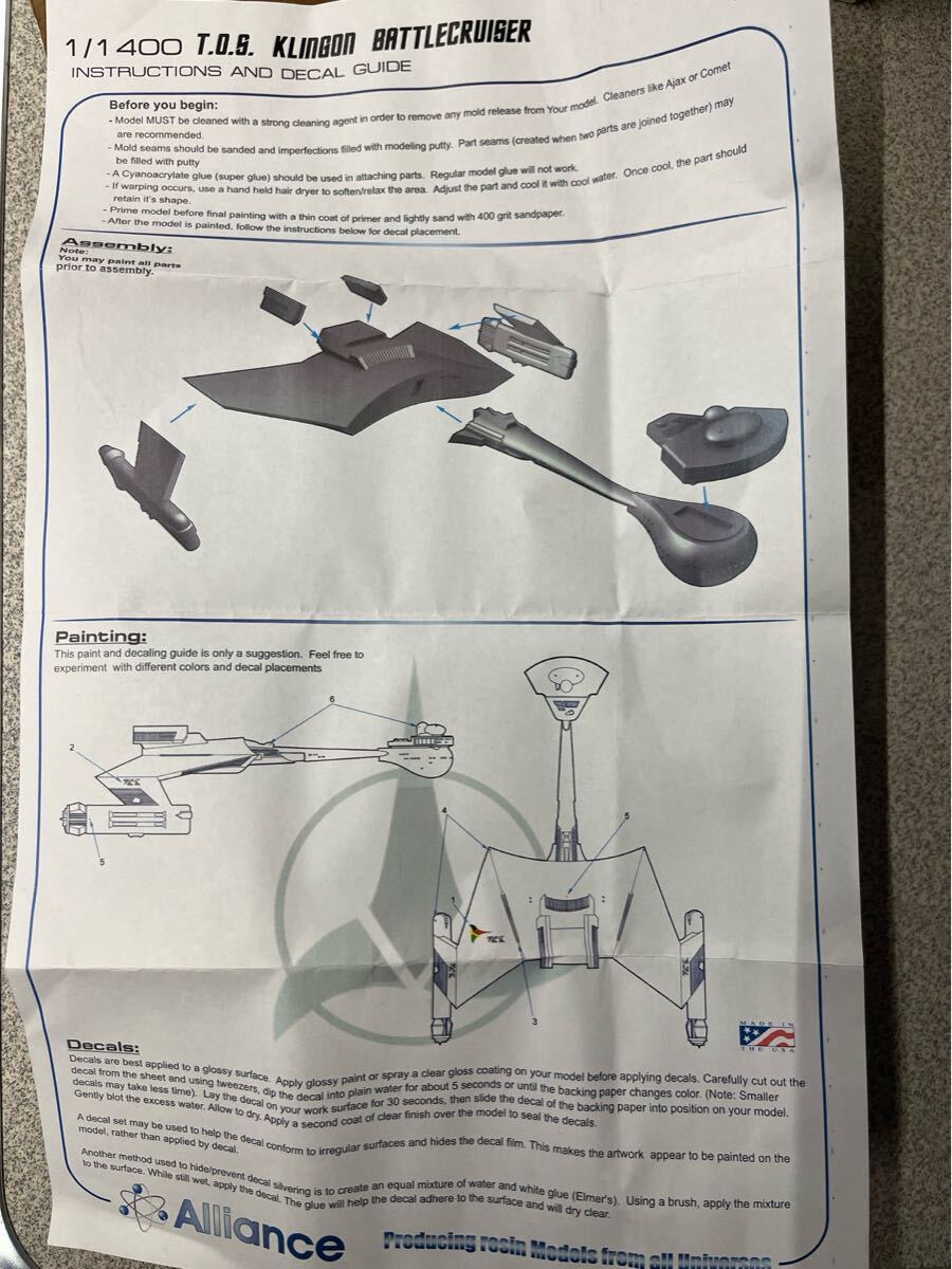1/1400 T.0.6. KLINGON BATTLECRUISER INSTRUCTIONS ガレージキットキャスト当時物絶版ガレキレジンワンフェススタートレック拍卖