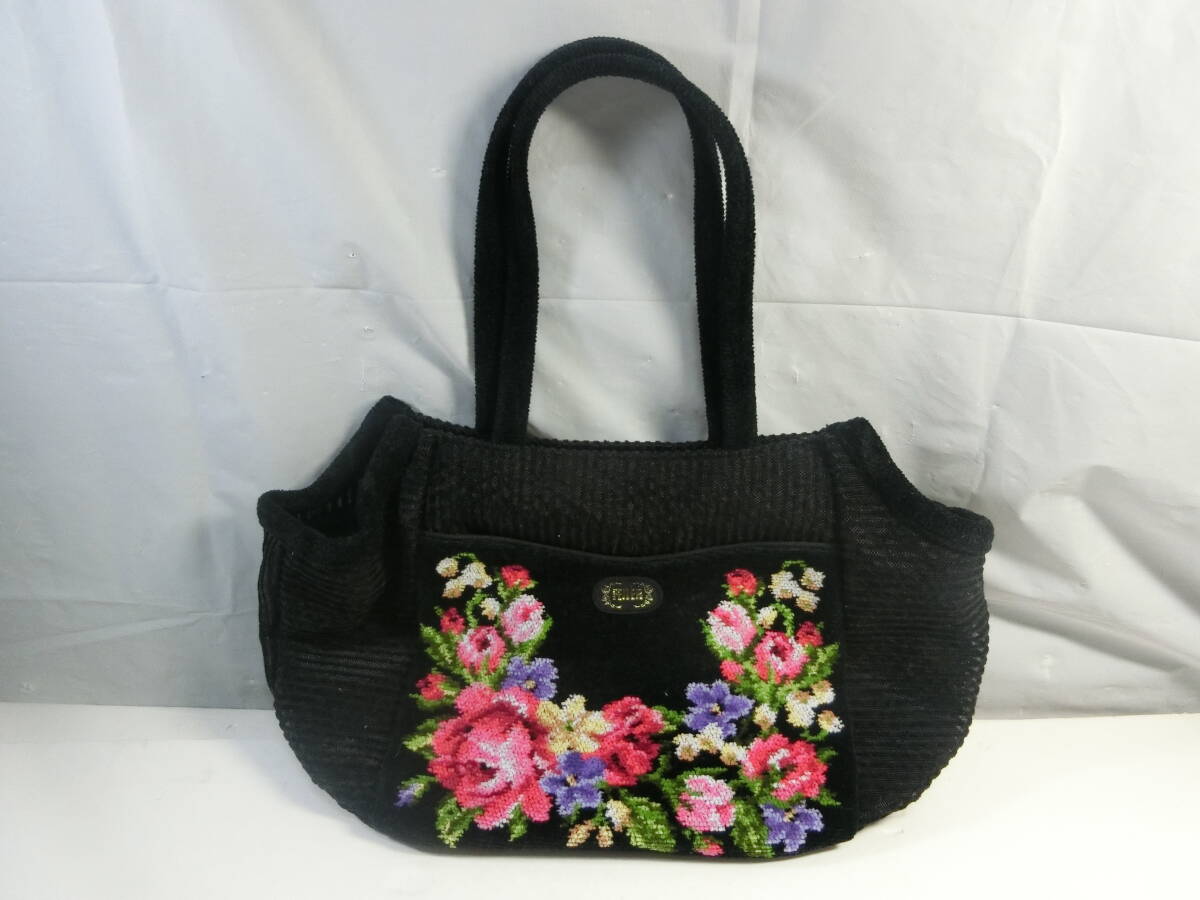 ★美品 FEILER フェイラー ハンドバック ブラック シェニール織 花柄 ジッパー拍卖