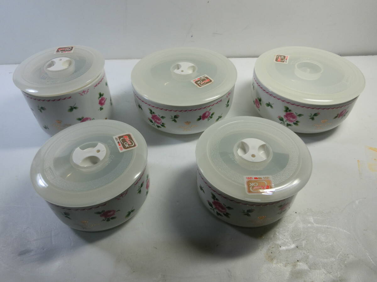 ★未使用 陶器 レンジ用 密封容器 5個セット EJIRY Angel Face Rose 丸型 容器 拍卖