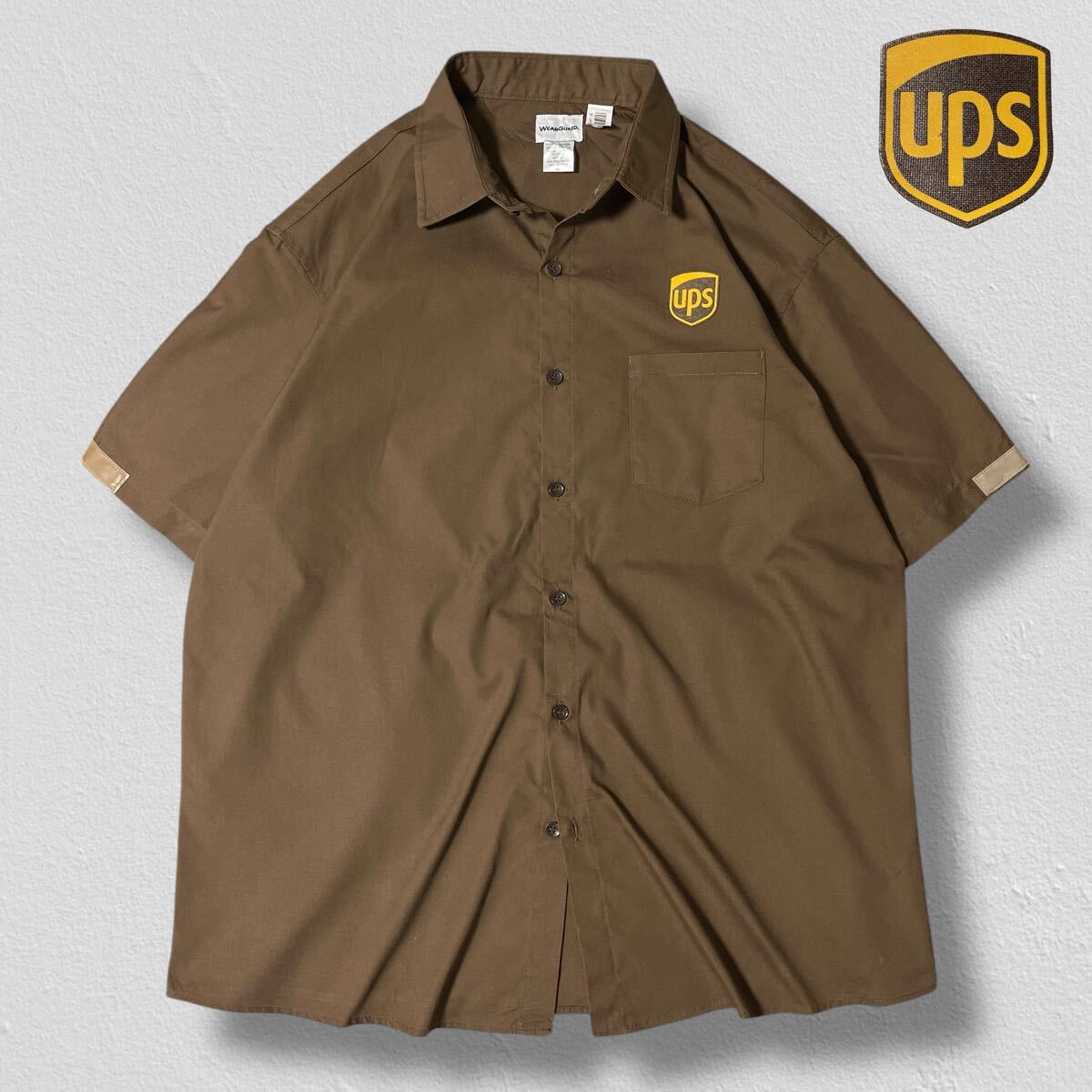 WEARGUARD 半袖ワークシャツ UPS ロゴプリント ブラウン XL●洗濯プレス済●ウェアガード シャツ 茶 古着/274拍卖