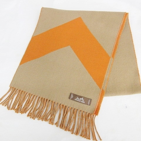 HERMES エルメス マフラー カザック シェブロン リバーシブル カシミヤ オレンジ キャメル 茶 ブラウン 25040902拍卖