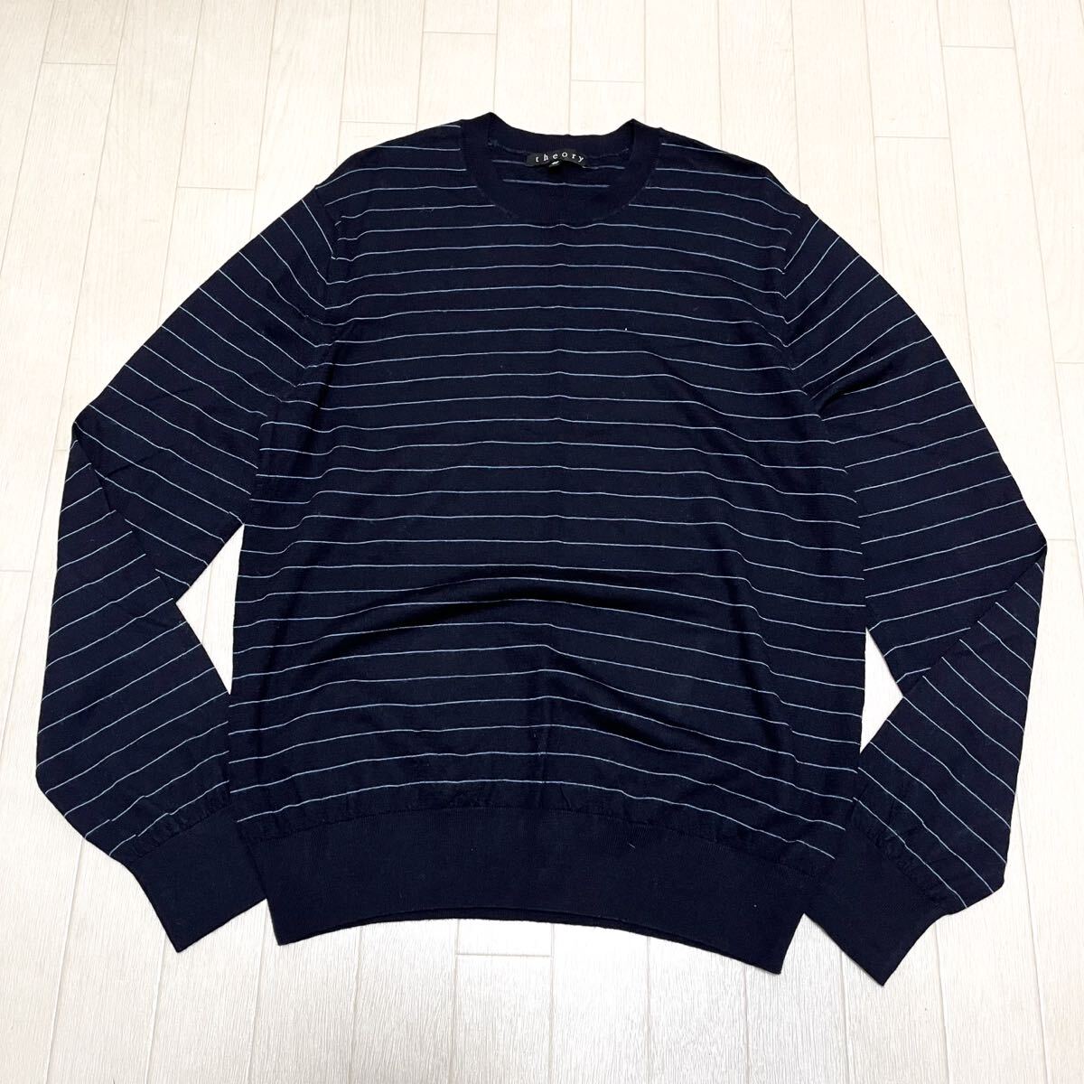 和706★ theory セオリー KOBUS CS ニット セーター 長袖 ボーダー 薄手 42 ダークネイビー メンズ拍卖