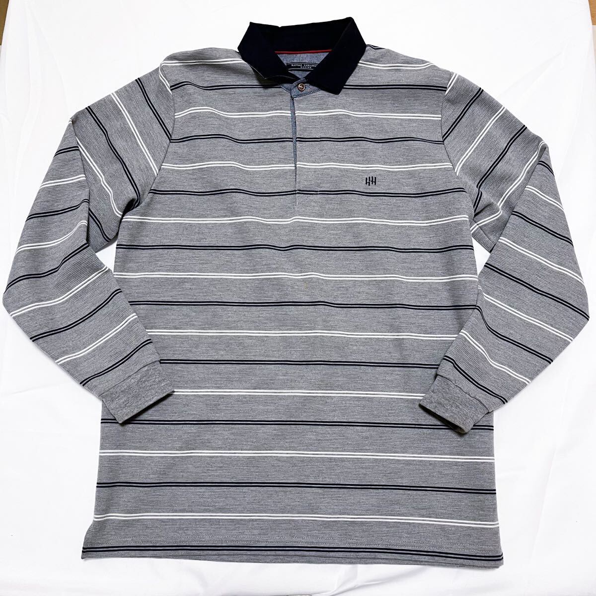 和714★ KANSAI YAMAMOTO HOMME カンサイヤマモト オム 長袖 ポロシャツ ボーダー 比翼ボタン ワンポイント刺繍 LL グレー メンズ拍卖