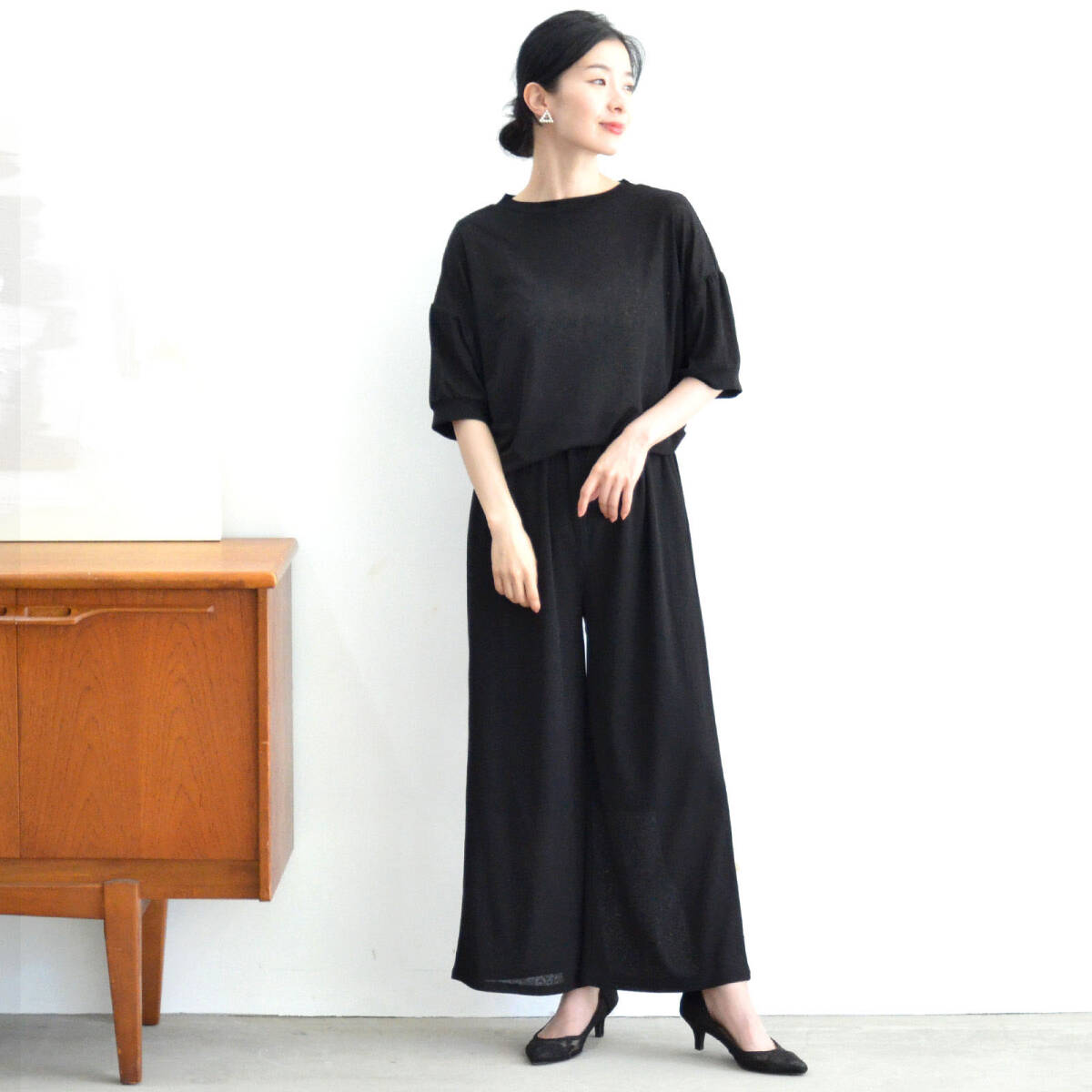 新品☆M~L 2点セット セットアップ パンツスーツ レディース 半袖 ワイドパンツ オシャレ きれいめ 夏 40代 50代 60代/ブラック/D72024S拍卖