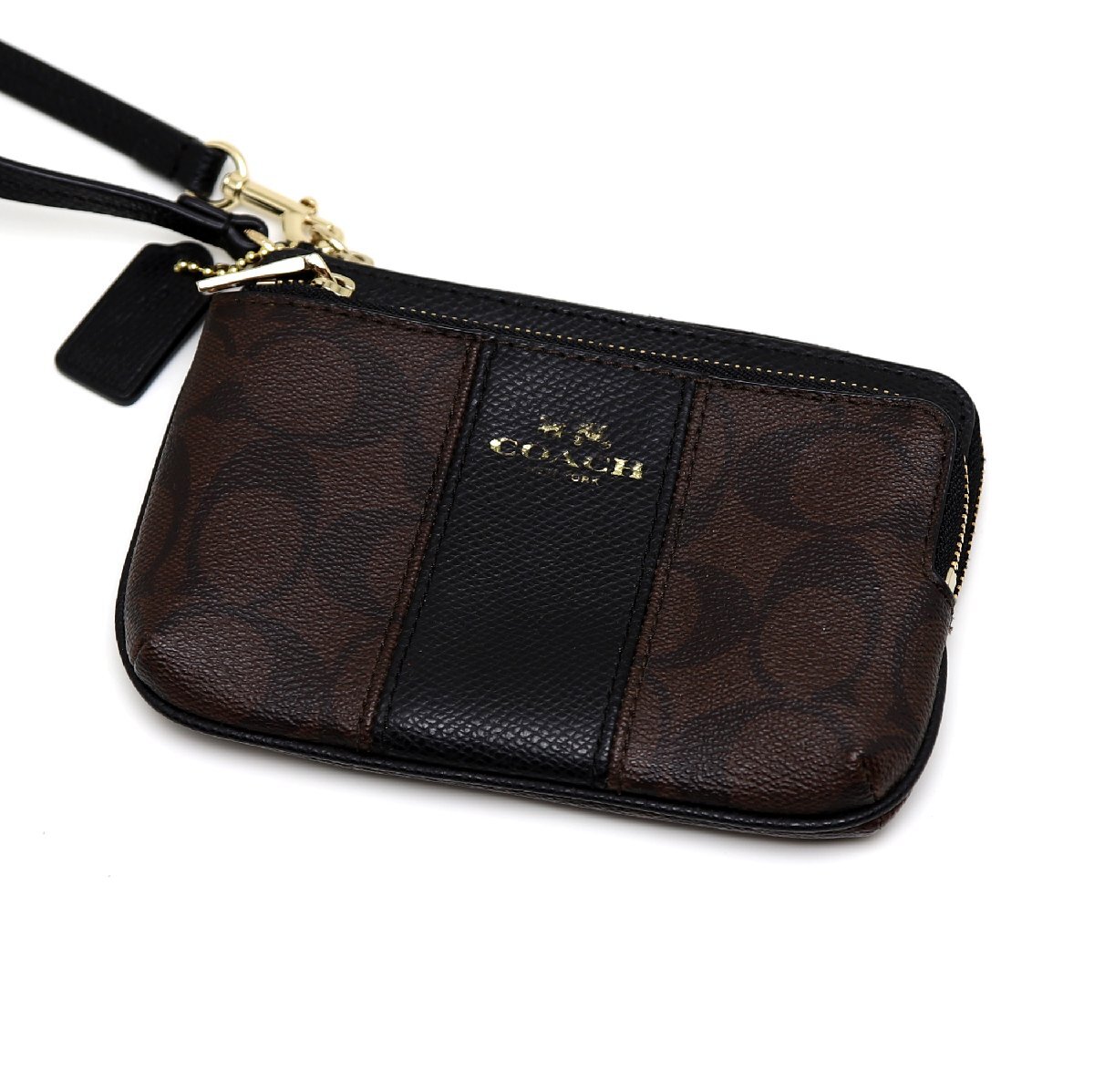 中古品 コーチ ダブルコーナージップリストレットポーチ シグネチャー ブラウン F52853拍卖
