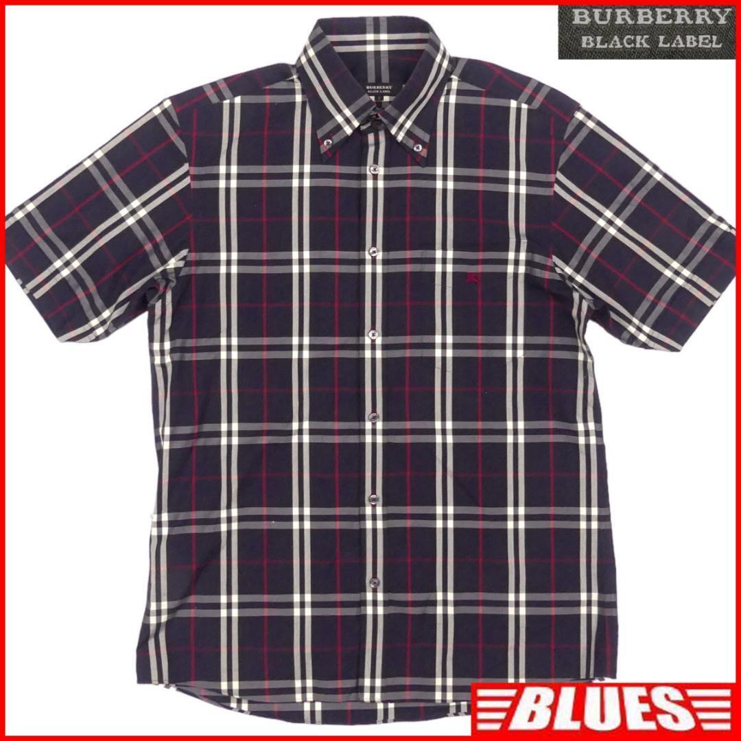 即決★日本製 BURBERRY BLACK LABEL★メンズ M 廃版 チェック シャツ バーバリーブラックレーベル 2 黒 ノバチェック 刺繍 半袖拍卖