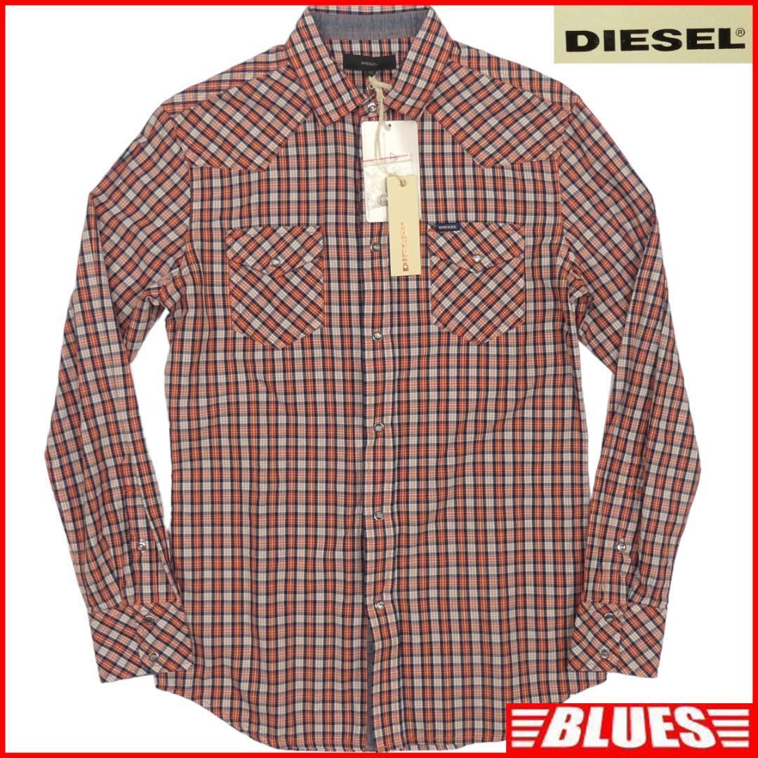 即決★DIESEL★未使用 メンズXS シャツ ディーゼル オレンジ チェック 長袖 タグ付き拍卖