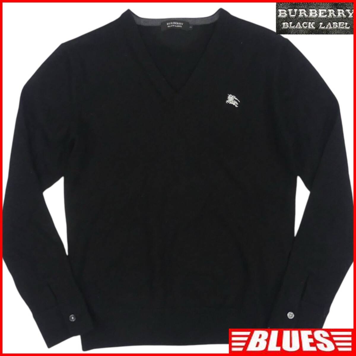 即決★BURBERRY BLACK LABEL★メンズ M 廃版 ニット セーター バーバリーブラックレーベル 2 黒 ウール Vネック 三陽商会 刺繍拍卖