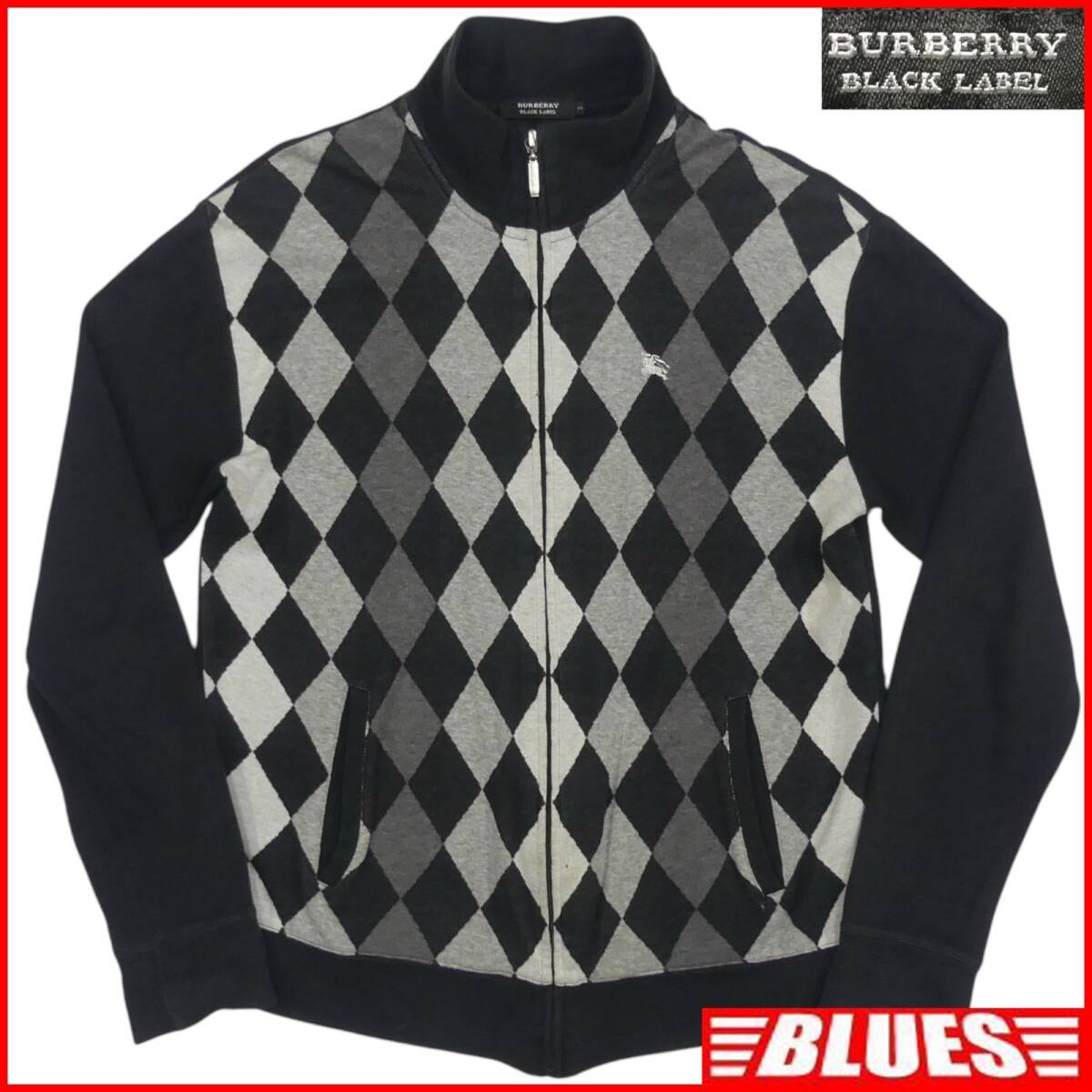 即決★BURBERRY BLACK LABEL★メンズ L 廃版 ニット ブルゾン バーバリーブラックレーベル 3 黒 アーガイル グレー 三陽商会 刺繍拍卖