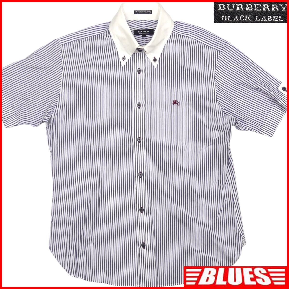 即決★BURBERRY BLACK LABEL★メンズ M 廃版 ストライプ クレリックシャツ バーバリーブラックレーベル 2 青 三陽商会 刺繍 半袖拍卖