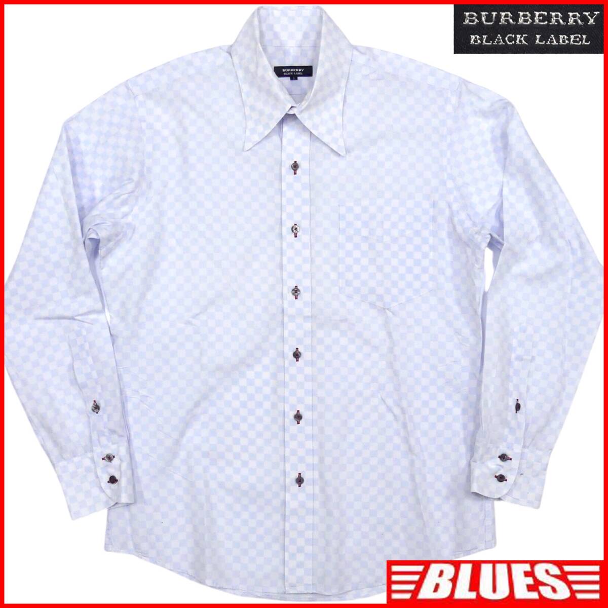 即決★BURBERRY BLACK LABEL★メンズ M 廃版 チェック シャツ バーバリーブラックレーベル 2 白 水色 三陽商会 長袖拍卖