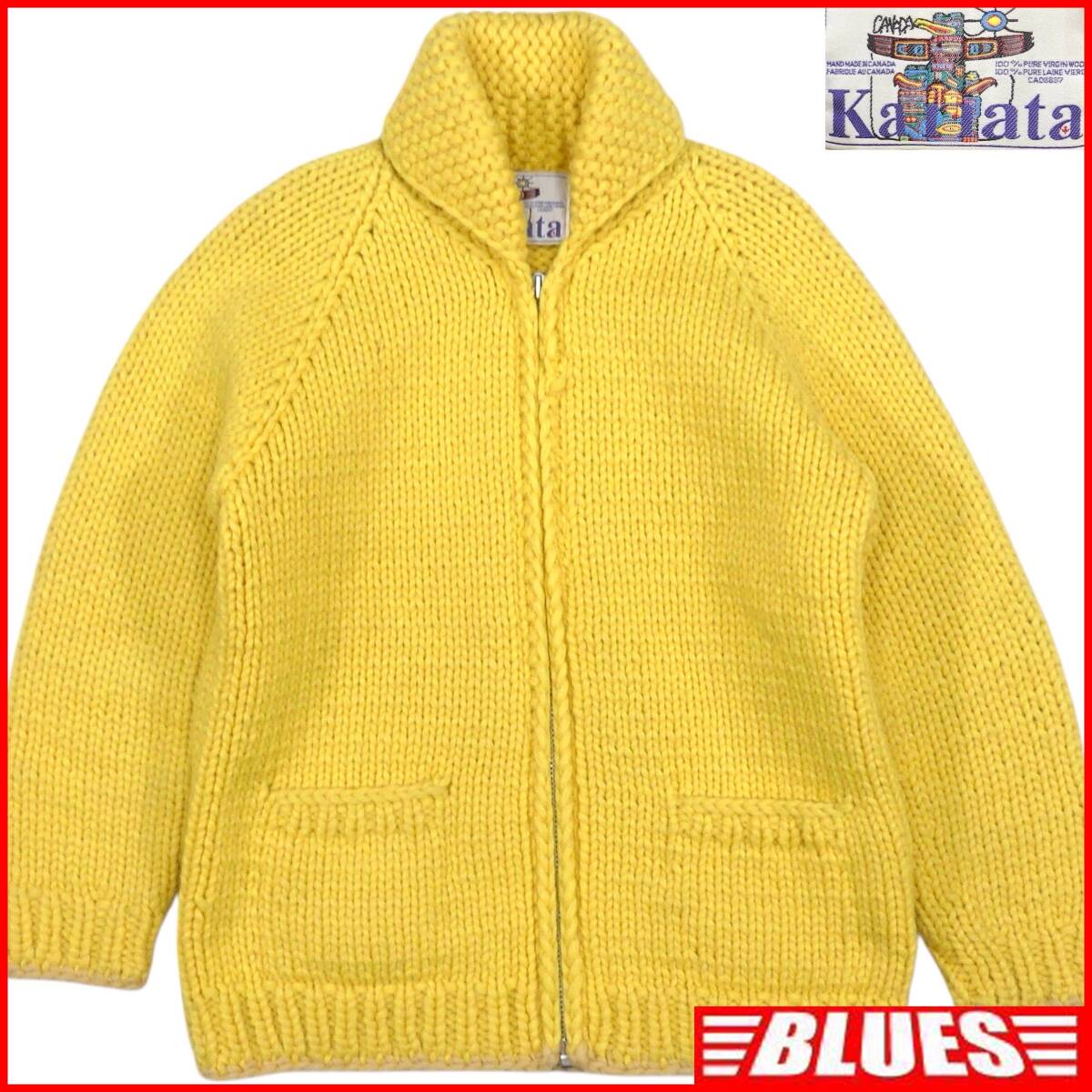 即決★カナダ製 KANATA★メンズ L位 カウチンセーター カナタ 黄 ウール ニット セーター カーディガン ジップアップ拍卖