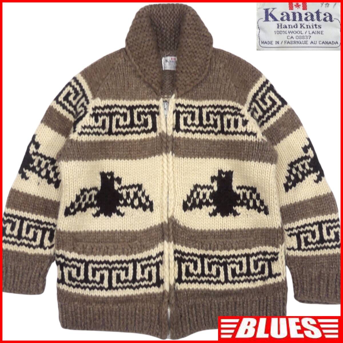 即決★カナダ製 KANATA★メンズ XXL位 カウチンセーター カナタ 茶 ベージュ 鳥柄 ウール ニット セーター カーディガン メープルボタン拍卖
