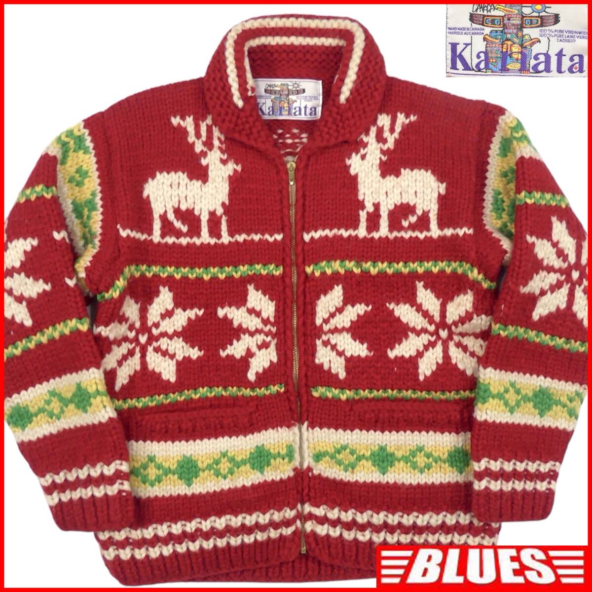 即決★カナダ製 KANATA★メンズ XL位 カウチンセーター カナタ 赤 TALONジップ ウール ハンドニット セーター ジップアップ拍卖