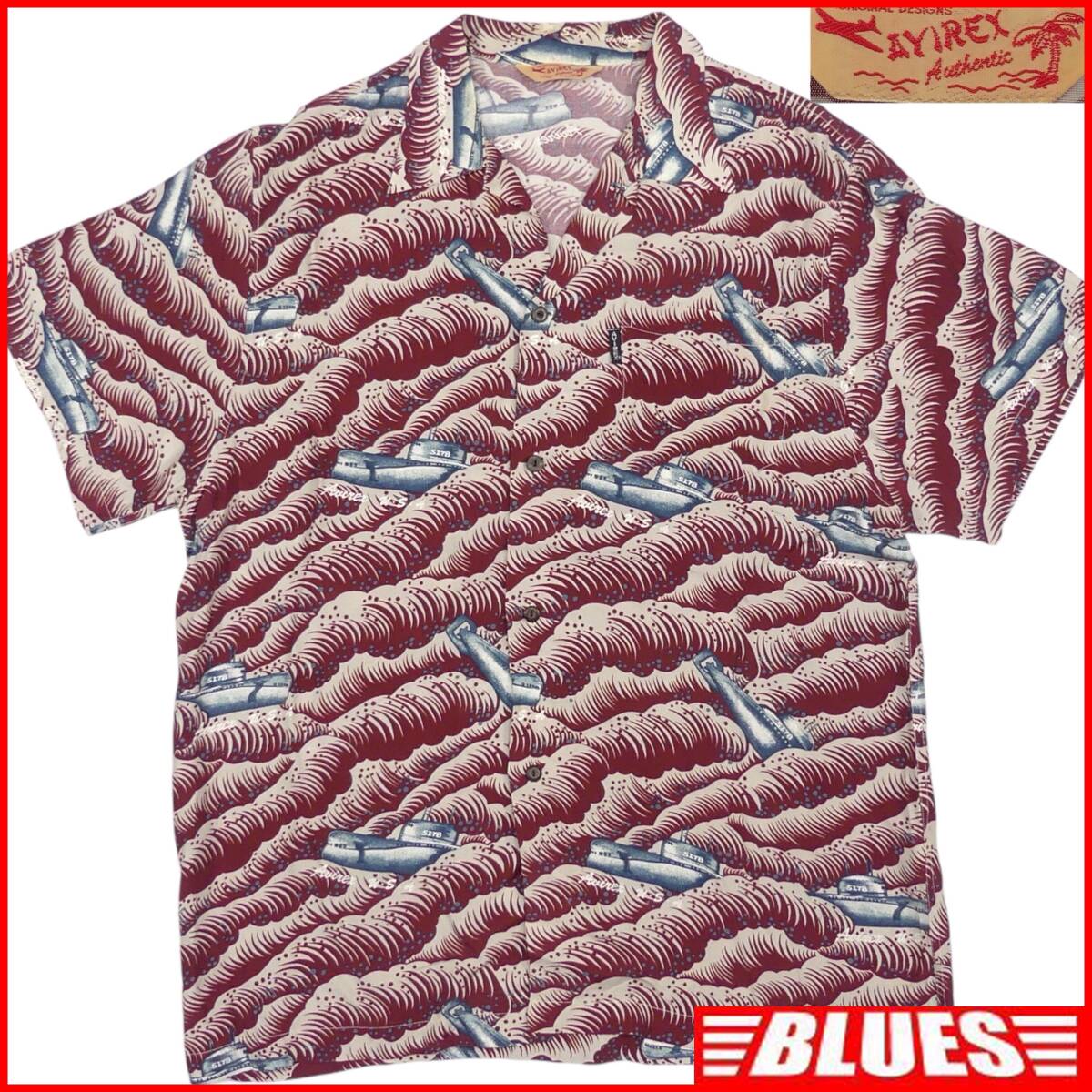 即決★AVIREX★アロハシャツ L アヴィレックス 総柄 飛行機柄 レーヨン 半袖拍卖