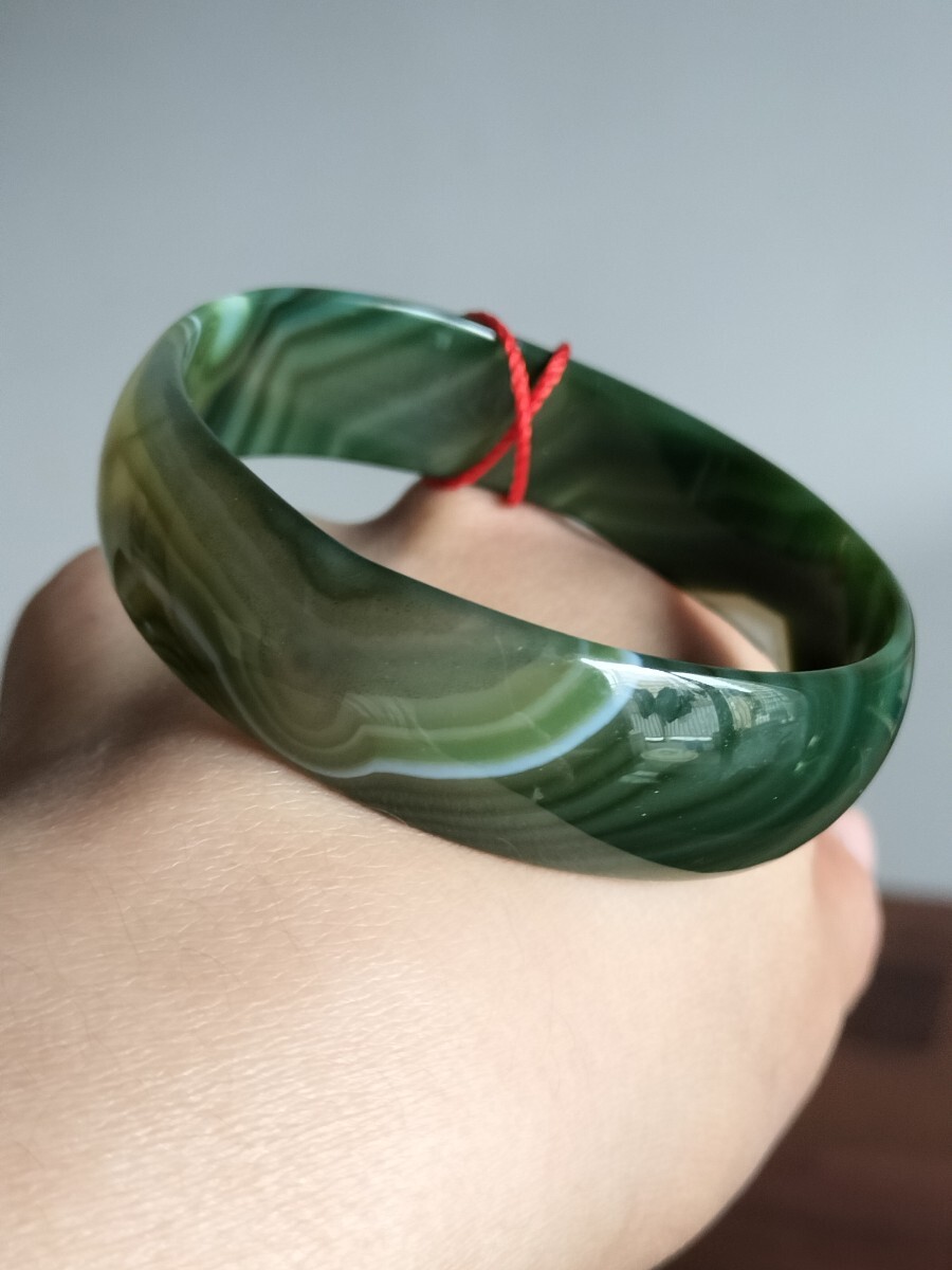 天然無処理瑪瑙玉髓 高品質 縞模様 濃緑色 バングル 55mm拍卖
