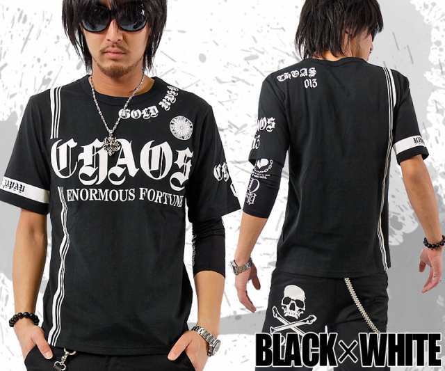 CHAOS JAPAN菊紋3本ラインロゴ腕サイドバック英字プリント 半袖Tシャツ ch-ry-2006新品 ブラックxホワイト L拍卖