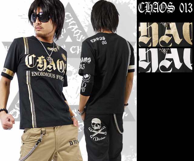 CHAOS JAPAN菊紋3本ラインロゴ腕サイドバック英字プリント 半袖Tシャツ ch-ry-2006新品 ブラックxゴールドL拍卖