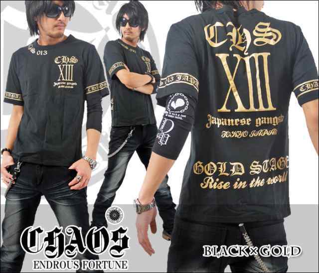 1円スタート CHAOSサーティーンプリント 腕 サイド 半袖Tシャツ ch-ry-2009 新品 ブラックxゴールド M拍卖
