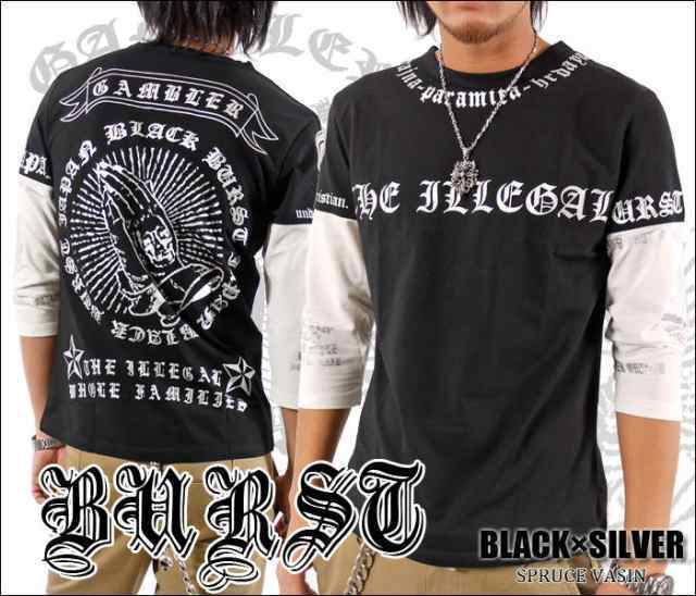 BURST JAPAN THE ILLEGAL 三つ巴 バックプレイハンドプリント7分袖Tシャツ 70548 新品 ブラックシルバー M拍卖