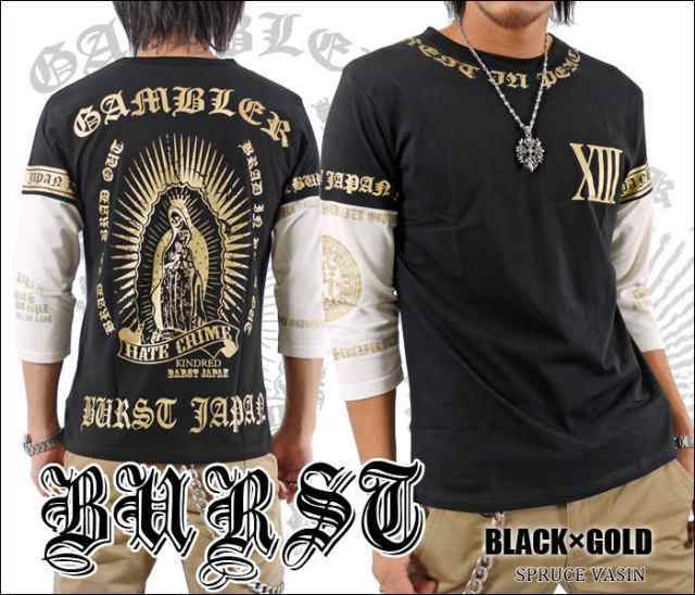 BURST JAPAN ナンバーズ13プリントバックスカルマリア7分袖Tシャツ 70546新品 ブラック×ゴールド XL拍卖