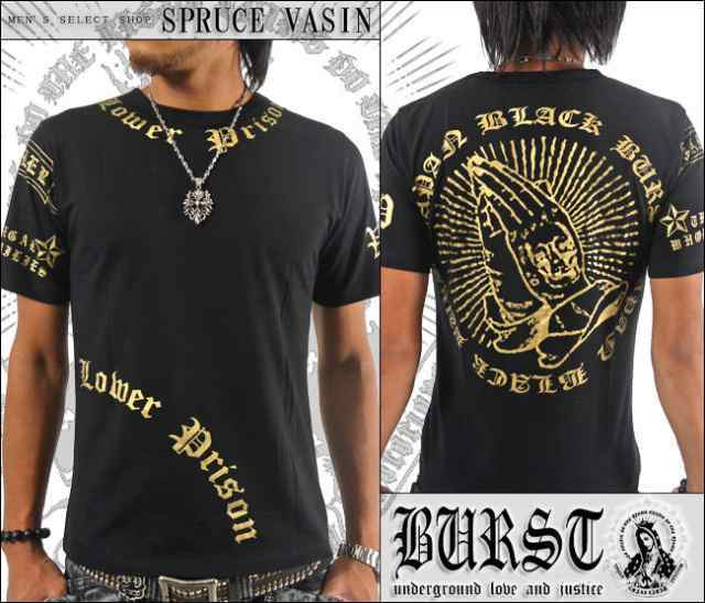 BURST JAPAN ロゴプリント&スカルプレイハンド 合掌 半袖Tシャツ 70535新品 ブラック×ゴールド M拍卖
