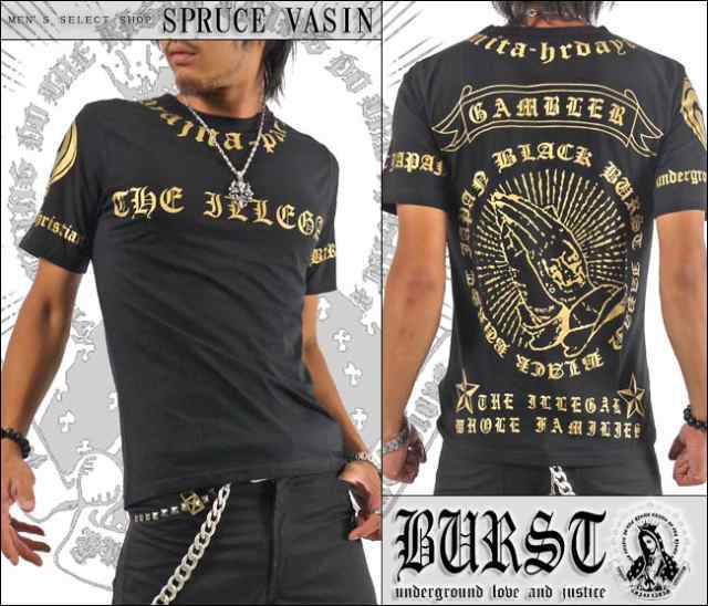 BURST JAPAN イリーガル&三つ巴&スカルプレイハンド合掌プリント半袖Tシャツ70537 新品 ブラック×ゴールド L拍卖