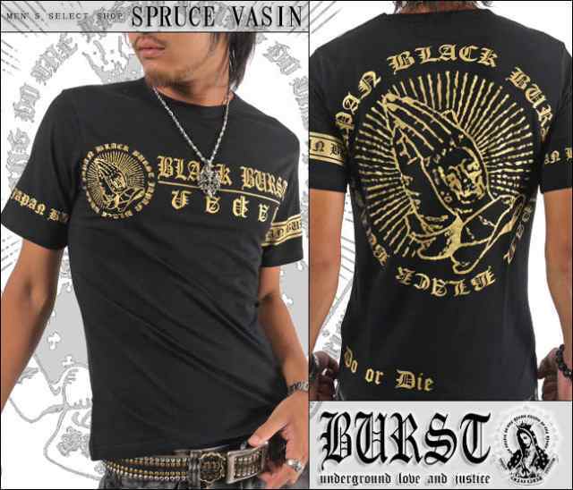 BURST JAPAN ブランドロゴプリント&スカルプレイハンド合掌半袖Tシャツ70532 新品 ブラック×ゴールド M拍卖