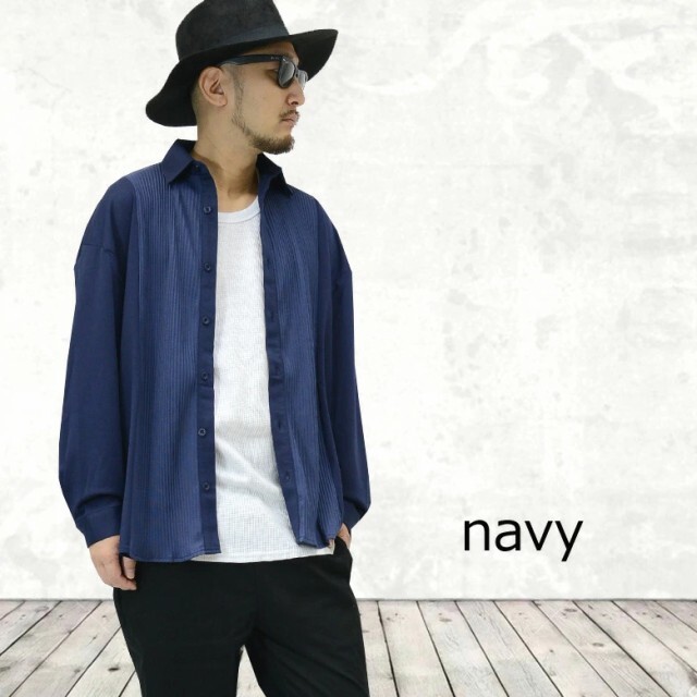 とろみ素材 メンズシャツ 長袖シャツ ロングシャツ プリーツ 切替シャツ 2148vr 送料無料 新品 ネイビー L拍卖