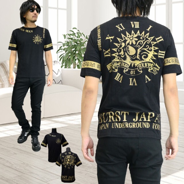 BURST JAPAN メキシカンスカルプリント半袖Tシャツ ブラック×ゴールド 70557 新品 ブラックゴールド M拍卖