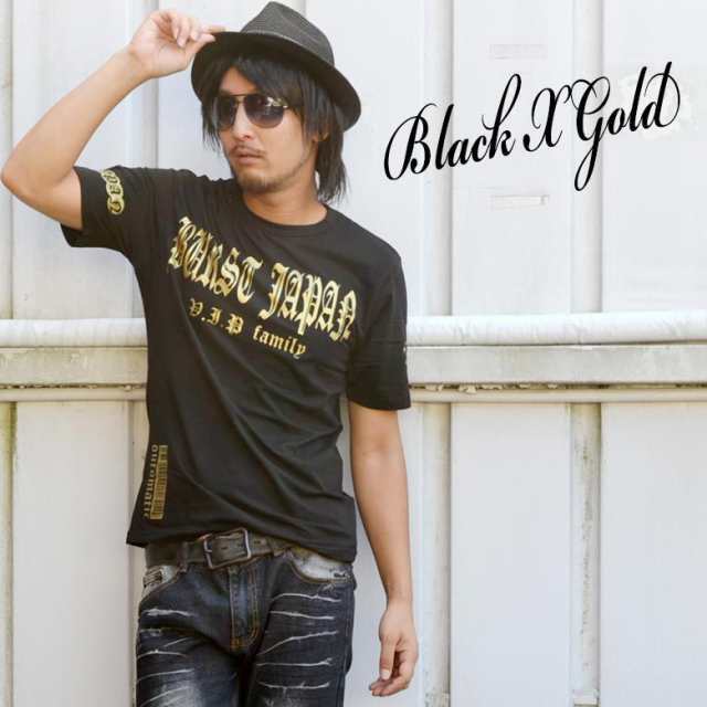 BURSST JAPAN半袖Tシャツ ブランドロゴプリント&バーコードプリント半袖Tシャツ ゴールド 70534 新品 黒金 M拍卖