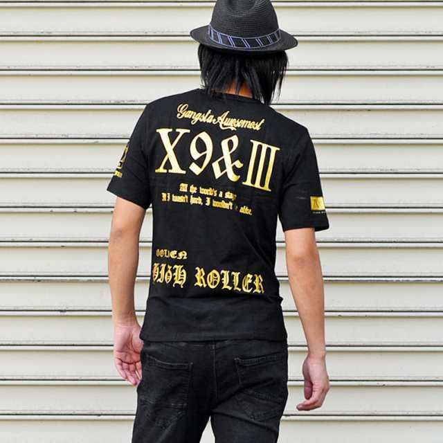 G.H.R NINE&THIRTEENフロントバックIX&XIIロゴプリント半袖Tシャツ 70737 新品 ブラックxゴールド L拍卖
