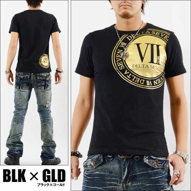 DELTA SEVEN 箔プリント半袖Tシャツ メンズ オラオラ系 悪羅悪羅系 del-70676 新品 ブラックxゴールド M拍卖