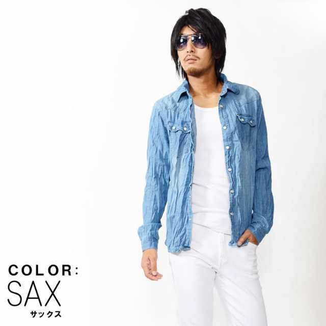 ヴィンテージウォッシュ加工デニムシャツ 長袖シャツ クリンクル シワ加工 81340 新品 サックス L拍卖